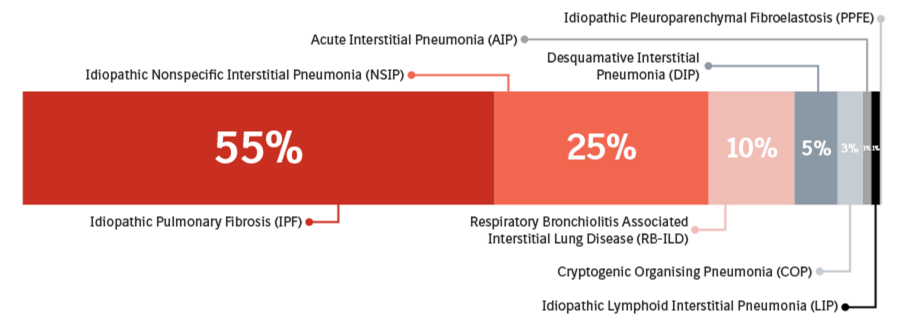 Percentage graph shows subtypes of Idiopathic Interstitial Pneumonias each with their own specific risk factors - 55% Idiopathic Pulmonary Fibrosis/ 25% Idiopathic non-specific interstitial pneumonia/ 10% respiratory bronchiolitis associated interstitial lung disease/ 5% Desquamative interstitial pneumonia/ 3% Cryptogenic Organising Pneumonia/ 1% Acute interstitial Pneumonia/ 1% Idiopathic lymphoid interstitial pneumonia/ <1% Idiopathic pleuroparenchymal fibroelastosis